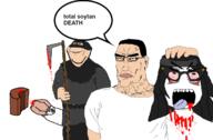 anti_soytan blood bloodshot_eyes execution executioner glasses gore hands_behind_back nsfw speech_bubble subvariant:perceptive_chud tongue total_sloptran_death tsd variant:chudjak variant:impish_soyak_ears variant:soytan // 1221x799 // 199.7KB