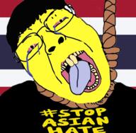 bloodshot_eyes clothes country crying flag flag:thailand glasses hair hanging open_mouth rope small_eyes soyjak suicide thai thailand tongue variant:bernd yellow_skin yellow_teeth // 726x711 // 483.9KB