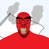 beard blood clothes crooked_teeth flag glasses looking_at_you rage red_skin soyjak variant:patriotjak // 1023x1023 // 33.8KB