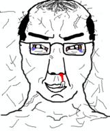 balding blood bloodshot_eyes closed_mouth crying glasses hair licking_lips smile smug soyjak subvariant:chuddy tongue variant:chudjak vein // 490x586 // 120.5KB