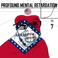 angry arkansas bald black_eyes black_hole black_sclera clenched_teeth closed_mouth cracked_teeth drool ear flag flag:arkansas flag:united_states glasses hair iq iq_bell_curve mustache nightmare_fuel no_pupils profound_mental_retardation retard soyjak star_(symbol) state stubble text united_states variant:feraljak wrinkles // 1024x1024 // 114.7KB