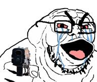 angry blob bloodshot_eyes crying fat firearm glasses gun hand holding_gun holding_object holding_pistol open_mouth pistol pointing soyjak stubble subvariant:cryboy_et thick_eyebrows tongue variant:et weapon // 802x682 // 219.6KB