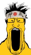 asian glasses hachimaki hair headband hiroyuki japan open_mouth soyjak stubble variant:markiplier_soyjak yellow // 600x1044 // 238.9KB