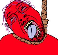 ack bloodshot_eyes crying death glasses hair hanging looking_up mustache noose open_mouth purple_hair red red_skin rope series:gigachadhero's_colorful_troonjaks soyjak stubble suicide tongue tongue_out tranny variant:bernd white_background yellow_teeth // 768x719 // 29.8KB