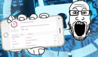 antivirus arm glasses hand holding_object holding_phone iphone malware open_mouth phone software soyjak stubble subvariant:phoneplier subvariant:phoneplier_horizontal variant:markiplier_soyjak virustotal // 616x355 // 276.6KB