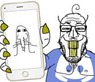 2soyjaks acne arm clenched_teeth clothes discord dog glasses gynaecomastia hand holding_object holding_phone iphone phone smug soyjak stubble subvariant:phoneplier subvariant:phoneplier_vertical tshirt variant:dogjak variant:markiplier_soyjak yellow_teeth // 2160x1884 // 811.8KB