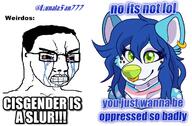 bloodshot_eyes bluefolf clenched_teeth crying furry glasses hair lgbt lips soyjak text tranny v-shaped_eyebrows variant:chudjak // 1200x790 // 230.8KB