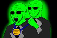 2soyjaks arm award badge barack_obama black_background closed_mouth clothes glasses glowie glowing grin hand holding_award holding_object meme open_mouth smile smirk stubble subvariant:soyak_(smug) suit sunglasses text variant:soyak // 860x573 // 118.6KB