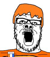 badge clothes glasses hair open_mouth orange_hair soyjak soyzellig_party stubble variant:a24_slowburn_soyjak zach zarty // 454x520 // 28.1KB