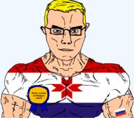 arm award blue_eyes buff christianity closed_mouth clothes eastern_orthodox eyes_like_the_o-o-cean flag flag:mordovia flag:russia glasses hair hungary mordovia orthodox_cross russia soyjak subvariant:chudjak_front subvariant:muscular_chud text transparent transparent_background tshirt variant:chudjak vein yellow_hair // 1059x929 // 65.8KB