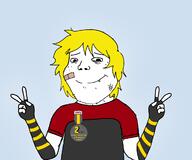 badge clothes dildo food gay holding_object hrt irl_background lollipop nate nazism smile soyjak soyjak_party soyteen subvariant:shoyta tranny variant:gapejak yellow_hair // 1200x1000 // 148.0KB