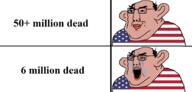 2soyjaks amerimutt angry balding bloodshot_eyes brown_skin closed_mouth crying ear glasses hair mutt open_mouth smile smug soyjak text united_states variant:chudjak world_war_2 // 1750x835 // 255.3KB