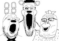 3soyjaks animal_ears animatronic beak bib bird black_sclera bonnie_(fnaf) chica_(fnaf) clothes ear five_nights_at_freddy's five_nights_at_freddy's_1 freddy_fazbear glasses hat heterochromia horror open_mouth rabbit_ears soyjak soyjak_trio stretched_mouth stubble top_hat variant:gapejak variant:markiplier_soyjak variant:tony_soprano_soyjak video_game // 680x481 // 102.4KB