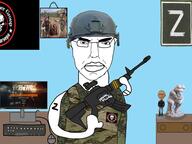 amphibian angry arm bulletproof_vest camouflage chud closed_mouth clothes combat_helmet computer ear emr_pattern escape_from_tarkov figurine firearm frog glasses gun hand helm helmet hohol holding_gun holding_object holding_rifle military military_uniform nas:pepe pepe pepe_the_frog pointing poster ribbon_of_saint_george rifle russia soyjak subvariant:pol_face tapestry tarkov tattoo text the_thinking_man uniform variant:chudjak variant:two_pointing_soyjaks vest video_game vladimir_putin wagner_group weapon z_(russian_symbol) // 960x720 // 565.1KB