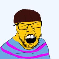 closed_eyes clothes frisk glasses open_mouth stubble transparent_background undertale variant:feraljak video_game yellow_skin // 1500x1500 // 34.8KB