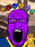 alien bald gemstone glasses infinity_gauntlet marvel open_mouth purple_skin thanos titan variant:impish_soyak_ears variant:markiplier_soyjak // 600x800 // 330.7KB