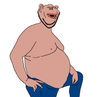amerimutt blue_pants body ear fat gynaecomastia obese red_lips shirtless subvariant:impish_amerimutt tan_skin variant:impish_soyak_ears // 1000x1000 // 19.0KB