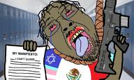bloodshot_eyes brown_skin crying firearm flag gun hanging holding_gun holding_object holding_rifle irl_background israel judaism manifesto mexico rifle rope salvador_ramos shooter shooting soyjak text tranny variant:bernd // 1165x699 // 791.3KB