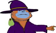 animal arm bird bleppsama blue ear frown glasses hair hand monkey open_mouth orange parrot pointing ring robe soyjak stubble subvariant:massjak subvariant:wholesome_soyjak variant:gapejak variant:markiplier_soyjak wizard_hat // 1585x940 // 76.2KB