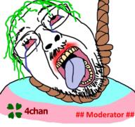 4chan bloodshot_eyes crying flag glasses green_hair hair hanging mustache open_mouth rope soyjak stubble suicide text tongue tranny variant:bernd yellow_teeth // 768x719 // 543.8KB