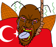 angry antenna bald bloodshot_eyes brown_skin cockroach country crying dead flag flag:turkiye hanging islam lipstick looking_up open_mouth roach shitskin smell star_and_crescent stink_lines stinky tear tongue tongue_out turkiye variant:angry_soyjak white_background wing yellow_teeth // 1600x1340 // 201.4KB