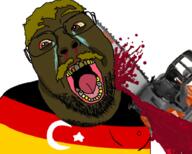 ack blood bloodshot_eyes chainsaw clothes country crying flag flag:germany germany glasses hair islamic_republic_of_new_turkiye open_mouth soyjak stubble subvariant:chainsaw_bernd tongue turkiye variant:bernd yellow_hair yellow_sclera // 900x722 // 567.9KB