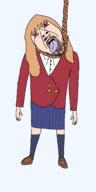 anime anime_female artist:keys bloodshot_eyes blue_skirt brown_hair brown_shoes crying dead full_body hair hanging leggings long_hair noose open_mouth red_shirt rope school_uniform shoe skirt soyjak stubble suicide taiga_aisaka tongue toradora tranime_girl variant:bernd yellow_teeth // 1400x2800 // 121.8KB