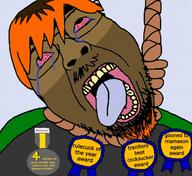5_o_clock_shadow award beard brown_skin dark_hair dyed_hair gooned_to_mameson_again_award hanging meta:tagme red_hair red_sclera rope sandnigger shemmycuck tear variant:bernd // 652x596 // 250.8KB