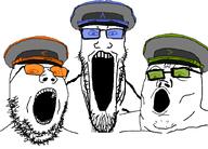 3soyjaks glasses open_mouth series:arrow_police series:trios_&_duos soyjak stretched_mouth stubble template trend:soyjak_trio variant:gapejak variant:markiplier_soyjak variant:tony_soprano_soyjak // 828x597 // 89.8KB