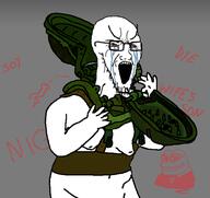 angry bald bloodshot_eyes crying frog glasses grey_background gynaecomastia imminent_death looking_to_the_right nigger open_mouth pepe reverse_bear_trap saw_(movie) soy soyjak stretched_chin stretched_mouth stubble text torture variant:soyak // 578x545 // 82.6KB