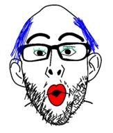 blue_hair ear eyelashes glasses lips lipstick makeup open_mouth soyjak stubble tranny troon variant:nojak // 443x523 // 9.3KB