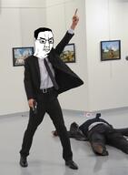 ack andrei_karlov angry arm assassination belt closed_mouth clothes dead full_body glasses hair holding_object holding_phone holding_pistol irl leg necktie picture pointing_up russia shoe soyjak total_tranny_death tranny variant:chudjak // 1500x2048 // 1.8MB