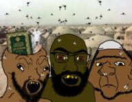 3soyjaks ak-47 angry arab beard book brainless brown_eyes brown_skin bug closed_mouth clothes desert ear fly glasses goat gun hat irl_background islam middle_east open_mouth quran soyjak subvariant:tetojak unibrow variant:feraljak variant:ishish_soyak_ears variant:soyak // 598x461 // 351.6KB