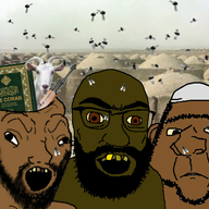 3soyjaks ak-47 angry arab beard book brainless brown_eyes brown_skin bug closed_mouth clothes desert ear fly glasses goat gun hat irl_background islam middle_east open_mouth quran soyjak subvariant:tetojak unibrow variant:feraljak variant:ishish_soyak_ears variant:soyak // 598x461 // 351.6KB