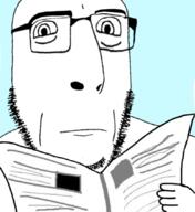 arm blue_background closed_mouth deformed distorted glasses holding_object looking_at_viewer looking_at_you neutral news newspaper soyjak stubble variant:cobson // 775x845 // 274.0KB