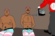 2soyjaks brown_skin chainsaw closed_mouth clothes eyelashes fat frown glasses hair holding_chainsaw holding_object imminent_death mustache nazism purple_hair sad soyjak stubble text tranny variant:bernd // 1598x1049 // 138.1KB