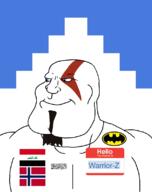 Warrior-Z(user) afghanistan akershus arabic_text aryan batman batman_(series) beard blue_eyes buff closed_mouth county flag flag:akershus flag:iraq flag:norway flag:taliban goatee god_of_war hair hello_my_name_is_(sticker) iraq kratos norway shahada smile soyjak subvariant:mexiaryan taliban text variant:meximutt video_game // 886x1120 // 68.9KB