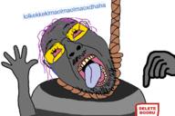 animated arm bloodshot_eyes button clothes excited glasses grey_skin hair hand hands_up hanging lolkek mustache name_tag open_mouth purple_hair rope soot_colors soybooru soyjak spinning stubble suicide text tongue tranny variant:bernd // 1249x831 // 1.4MB