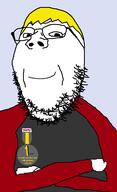arm artist:xjanny badge closed_mouth clothes crossed_arms glasses hair looking_at_you nate smile smirk smug soyjak_party stubble variant:gapejak yellow_hair // 730x1194 // 46.3KB