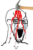 blood crying glasses hammer large_eyebrows open_mouth soyjak stubble variant:soyak // 785x1182 // 400.2KB