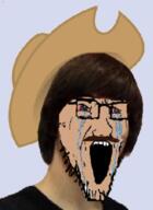 barneyfag bloodshot_eyes clothes crying glasses hair hat lee_goldson open_mouth soyjak stretched_mouth stubble variant:soyak white_skin // 297x406 // 111.7KB