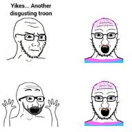 3soyjaks closed_mouth glasses mustache open_mouth purple_hair stubble subvariant:soyak_front2 text tranny variant:excited_soyjak variant:soyak // 1081x1081 // 287.8KB