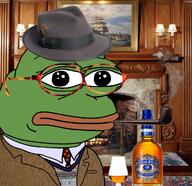 alcohol amphibian chivas_regal closed_mouth clothes collared_shirt drink fair_isle fire fireplace frog glass glssses green_skin hat irl_background lamp lips nas:pepe necktie painting pepe pepe_the_frog pipe rug ship smoke smoking sport_coat study suit suit_and_tie sweater tortoise_glasses whiskey wooden_floor wooden_wall // 1241x1202 // 1.8MB