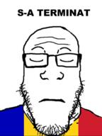 closed_eyes closed_mouth clothes country flag flag:romania glasses its_over romania romanian_text soyjak stubble text variant:markiplier_soyjak // 1080x1440 // 410.5KB