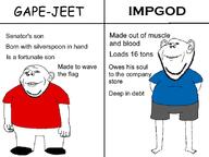 16_tons 2soyjaks artist:sabiopajin blue_shirt closed_mouth clothes comic_sans comparison ear fat fortunate_son full_body jeet looking_at_you music red_shirt short smile soyjak stubble subvariant:gapealien text user=sabiopajin variant:gapejak variant:impish_soyak_ears vietnam_war // 800x600 // 98.1KB