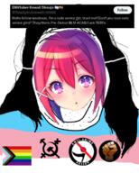 anime antifa black_lives_matter communism fat gay globohomo hammer_and_sickle japan long_hair mask pride_flag progress_pride_flag raised_fist_(symbol) soyjak stubble tranny twitter variant:alicia vtuber vtweeter // 588x734 // 216.6KB