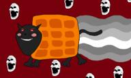 animal black_skin cat cat_ear evil meme multiple_soyjaks nyan_cat open_mouth rainbow red_eyes skull smile subvariant:impish_meowjak variant:gapejak variant:impish_soyak_ears waffles // 2780x1672 // 87.6KB
