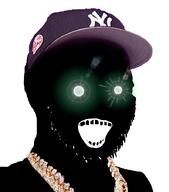 black_skin cap chain clothes glowing glowing_eyes hat inverted jewelry lens_flare music necklace new_york new_york_yankees open_mouth rap soyjak stubble subvariant:soyak_(crazed) tho thougher variant:soyak white_background yankees // 795x905 // 298.5KB