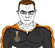 badge blue_eyes brown_hair buff closed_mouth dan glasses hair muscles muscular_male soybooru subvariant:muscular_chud variant:chudjak vein // 1061x930 // 51.6KB