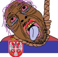 bant_(4chan) bloodshot_eyes brown_skin brown_troonjak country flag flag:serbia glasses gypsy purple_hair rope serbia soyjak stubble suicide tongue tranny variant:bernd // 726x711 // 443.7KB